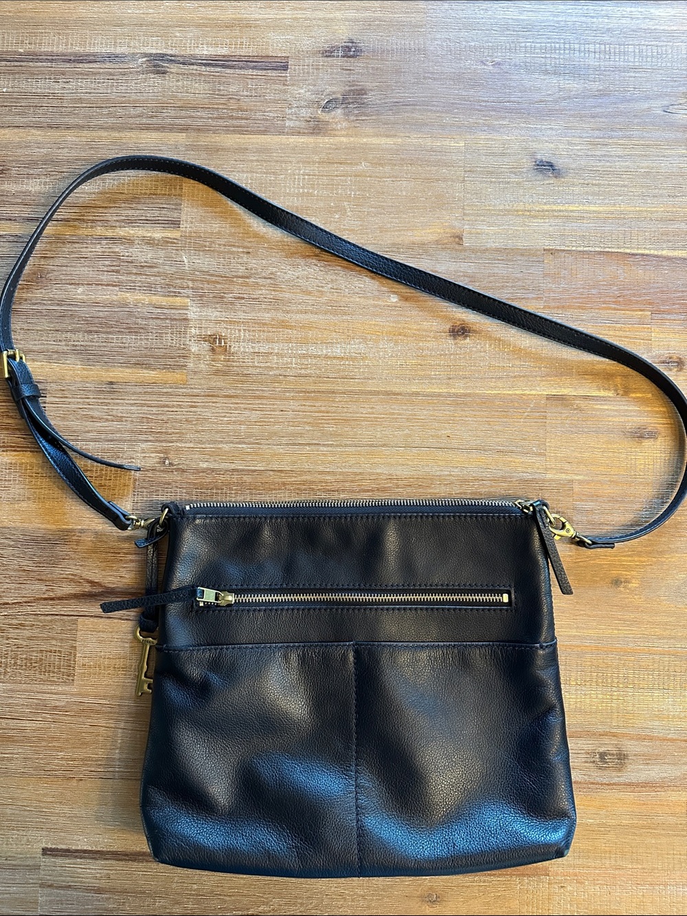 Fossil Black Leather Crossbody Bag with Brass Hardware